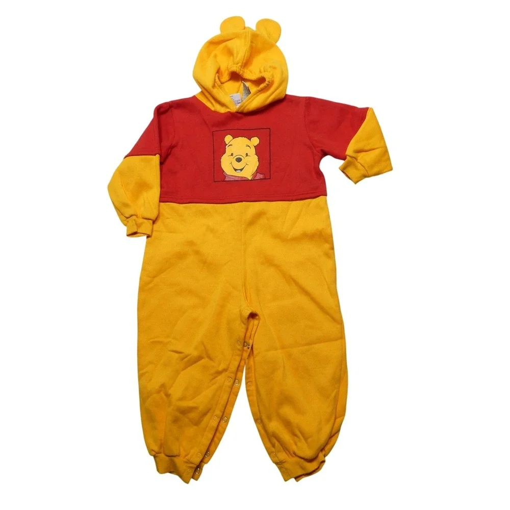 Vintage Winnie‎ The Pooh Pajamas Toddler 4T Yellow Red Hooded Fleece One Piece